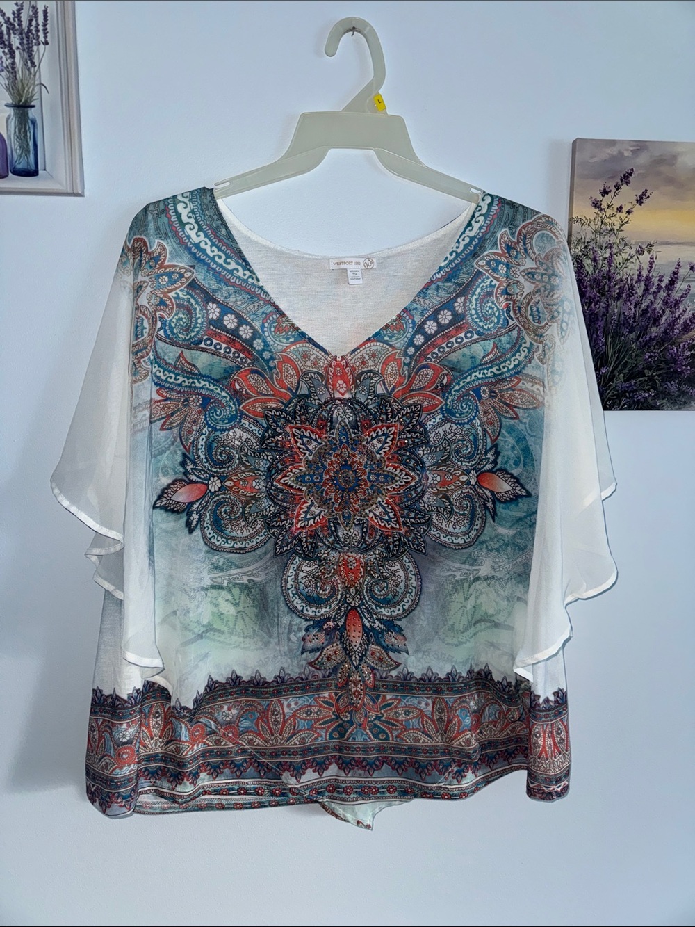 Sheer Boho V-Neck Blouse in White with Teal & Coral Medallion
